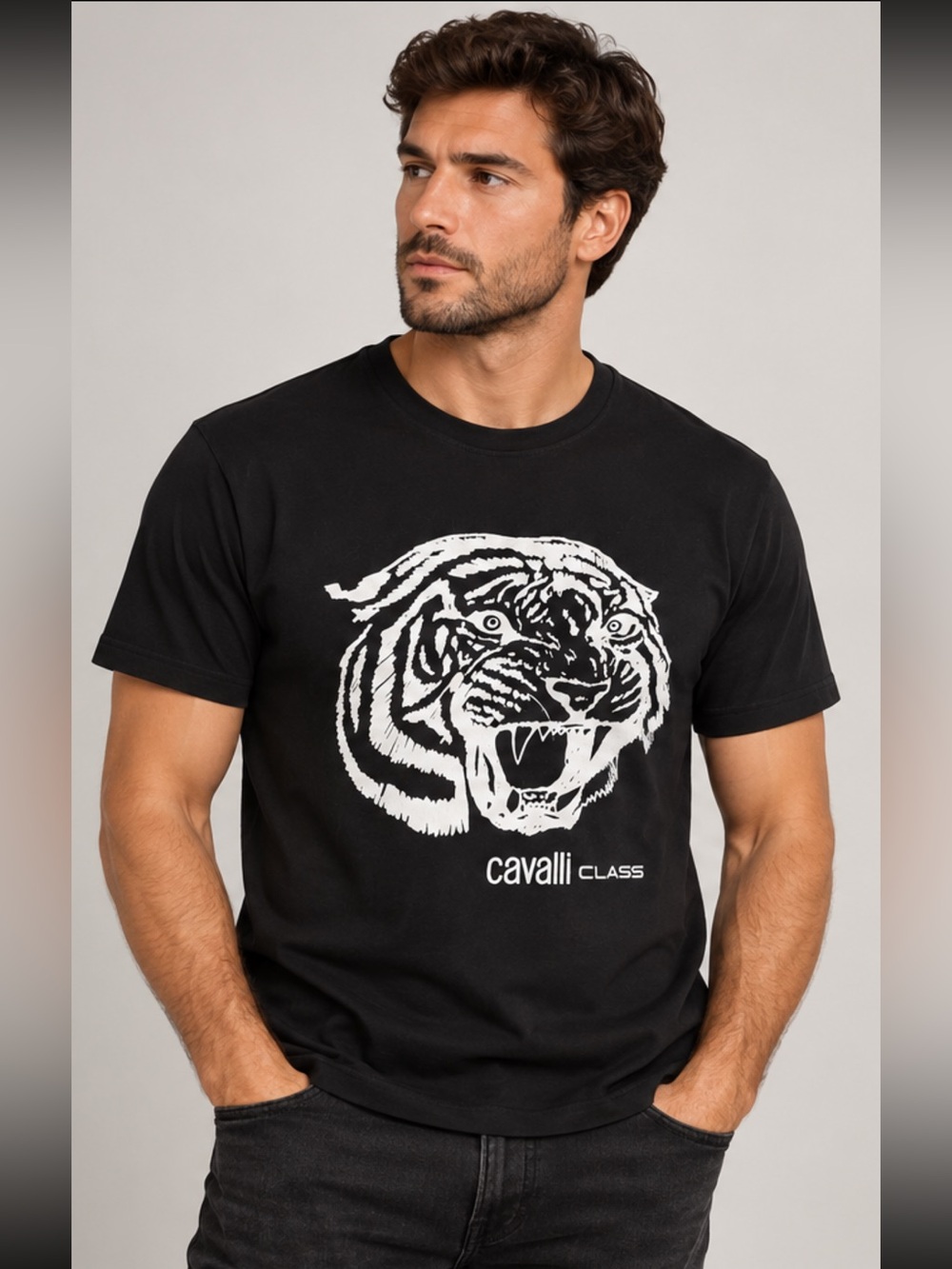 Cavalli Class Black Tee with White Tiger Motif